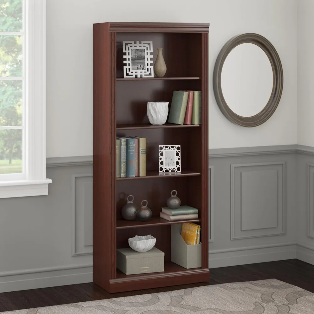 Add 5 bookshelves, three adjustable shelves to accommodate books of various sizes, linen white oak and modern grey finishes