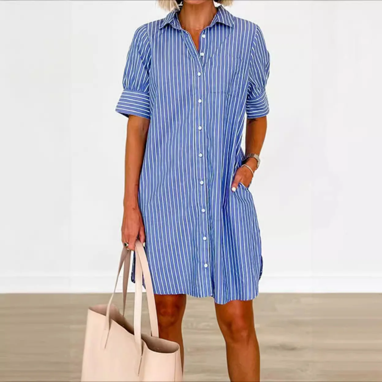 

2024 Spring/Summer New Striped Pocket Single Breasted Street Leisure Commuter V-Neck High Waist Short A-Line Dress Woman