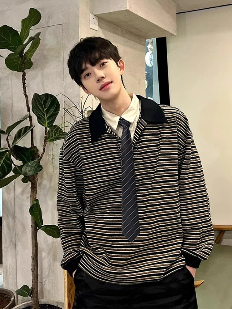 

Мужской осенний повседневный универсальный топ в полоску American Sle Long Sve irt с высоким дизайном для пар, свободный крой, без глажки