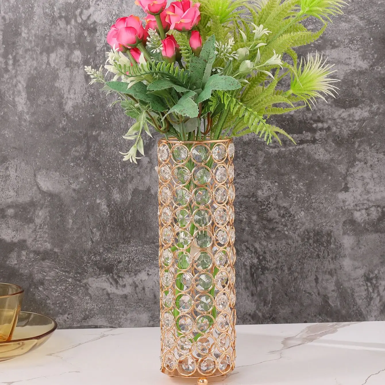 1pc Crystal Gold Flower Vase For Home Decor For Dining Table Decor Flower Pot