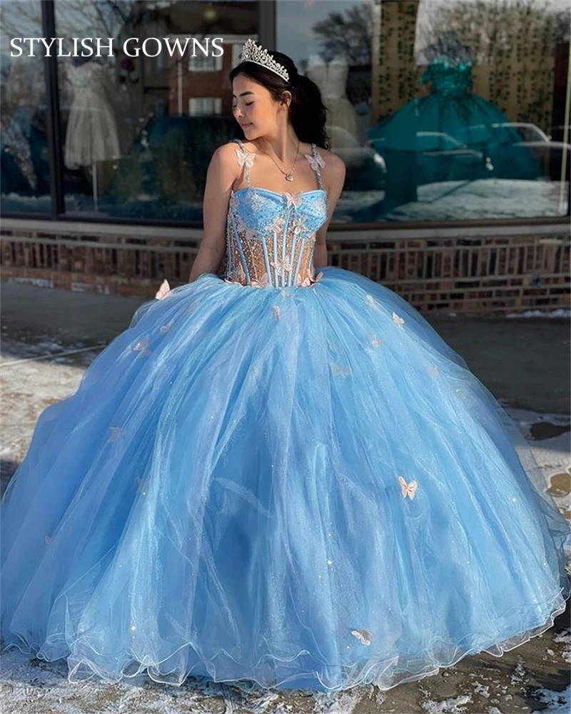 Princess Sky Blue Sweetheart Ball Gown Quinceanera Dresses For Girls Beaded Celebrity Party Gowns 3D Flowers Graduation Bow Vest