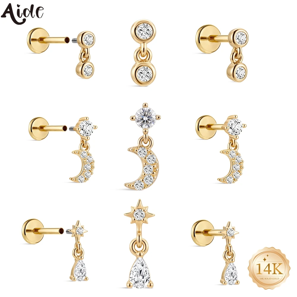 

Aide 14K Solid Gold Hypoallergenic Zircon Dangle Piercing Stud Customized Assorted Pendant Cartilage Earring for Sensitive Ears