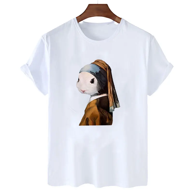 Estilo paródia vestindo pérola coelho pintura mundialmente famosa impressa camiseta moda feminina tshirt conforto casual camisetas humor topos