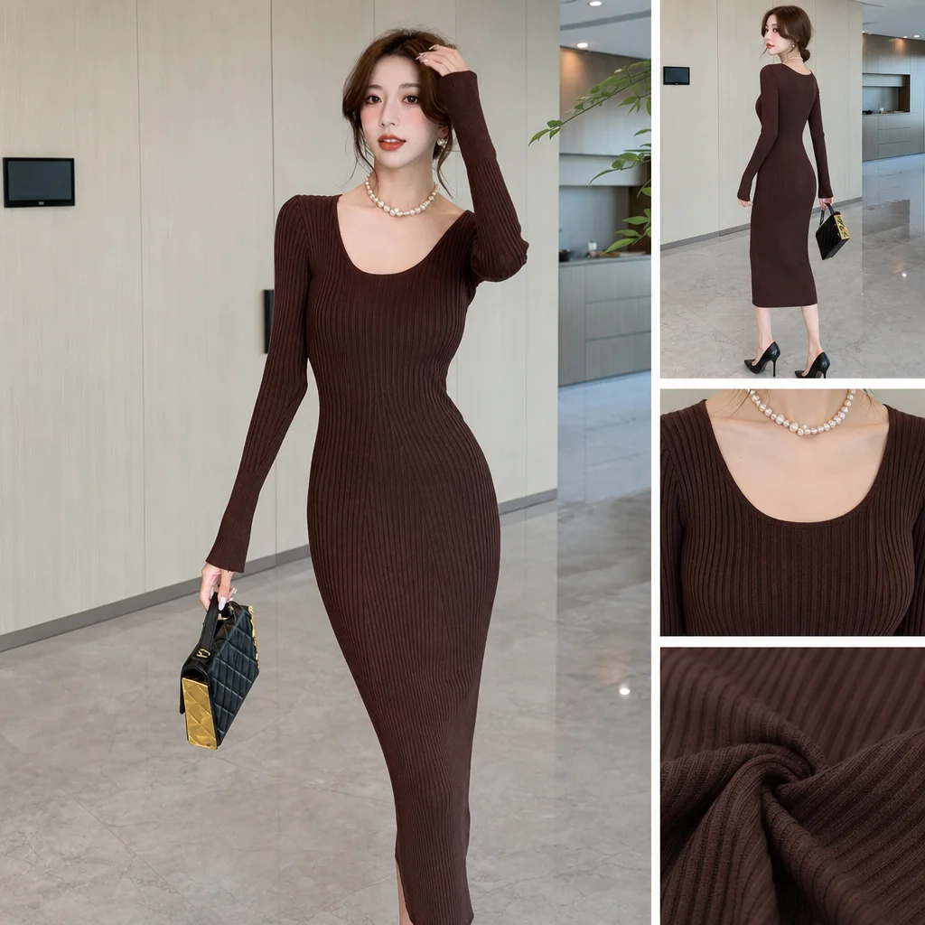 Langes Strickkleid für Damen 2026 Herbst Winter Neuerscheinung Langes Kleid mit Trompetenärmeln und V-Ausschnitt Koreanischer Stil Modisches Damenkleid – Detail 3