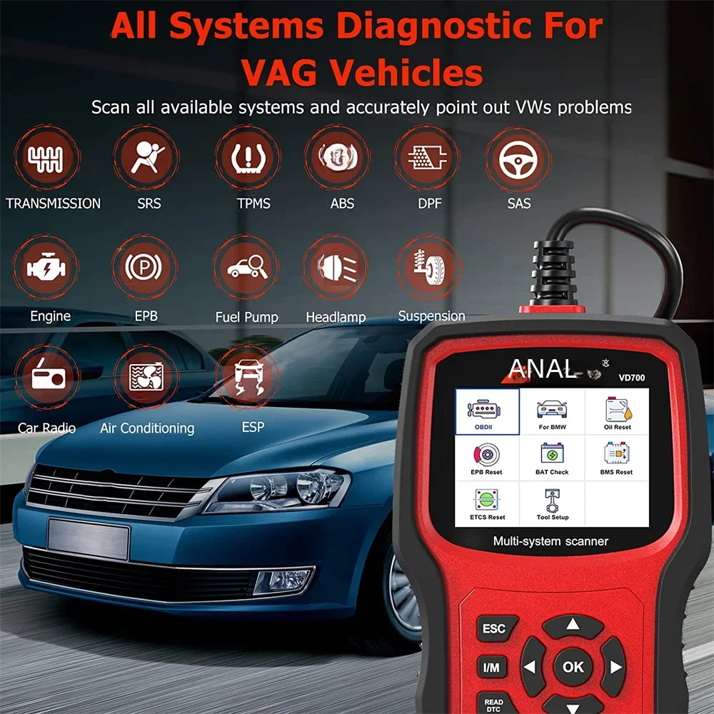 Ancel VD700 OBD2 Scanner Car Code Reader Full System Diagnostic Scan Tools EPB ABS D.P.F TPMS Oil Reset for VW Audi Skoda Seat