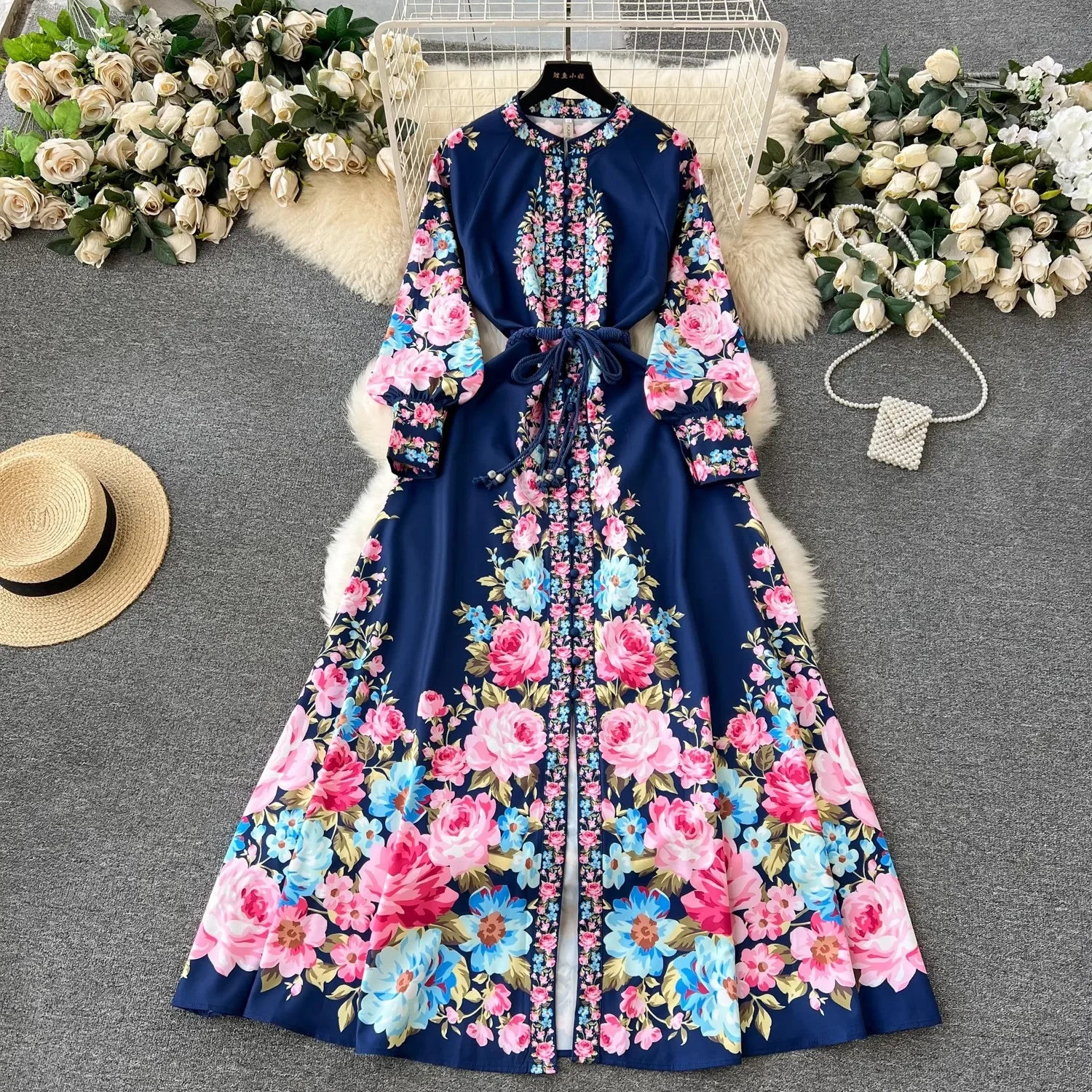 Sweet Memory White Blue Green Long Dress Women Stand Lantern Sleeve Single Breasted Floral Print Lace Up Boho Vestido