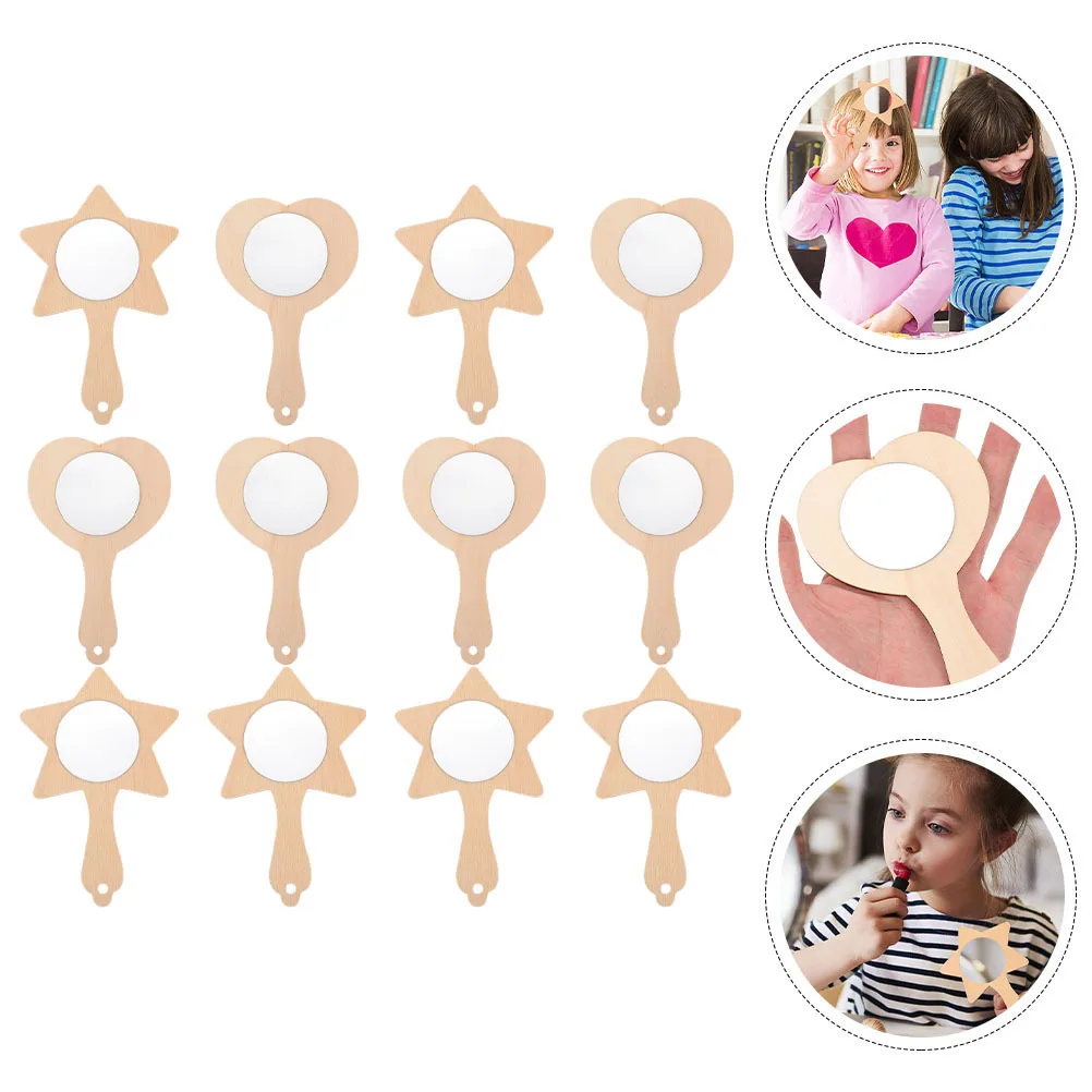 12pçs espelhos de madeira delicados sem pintura, kits portáteis diy para crianças, desenvolvimento artístico e colagem entre pais e filhos
