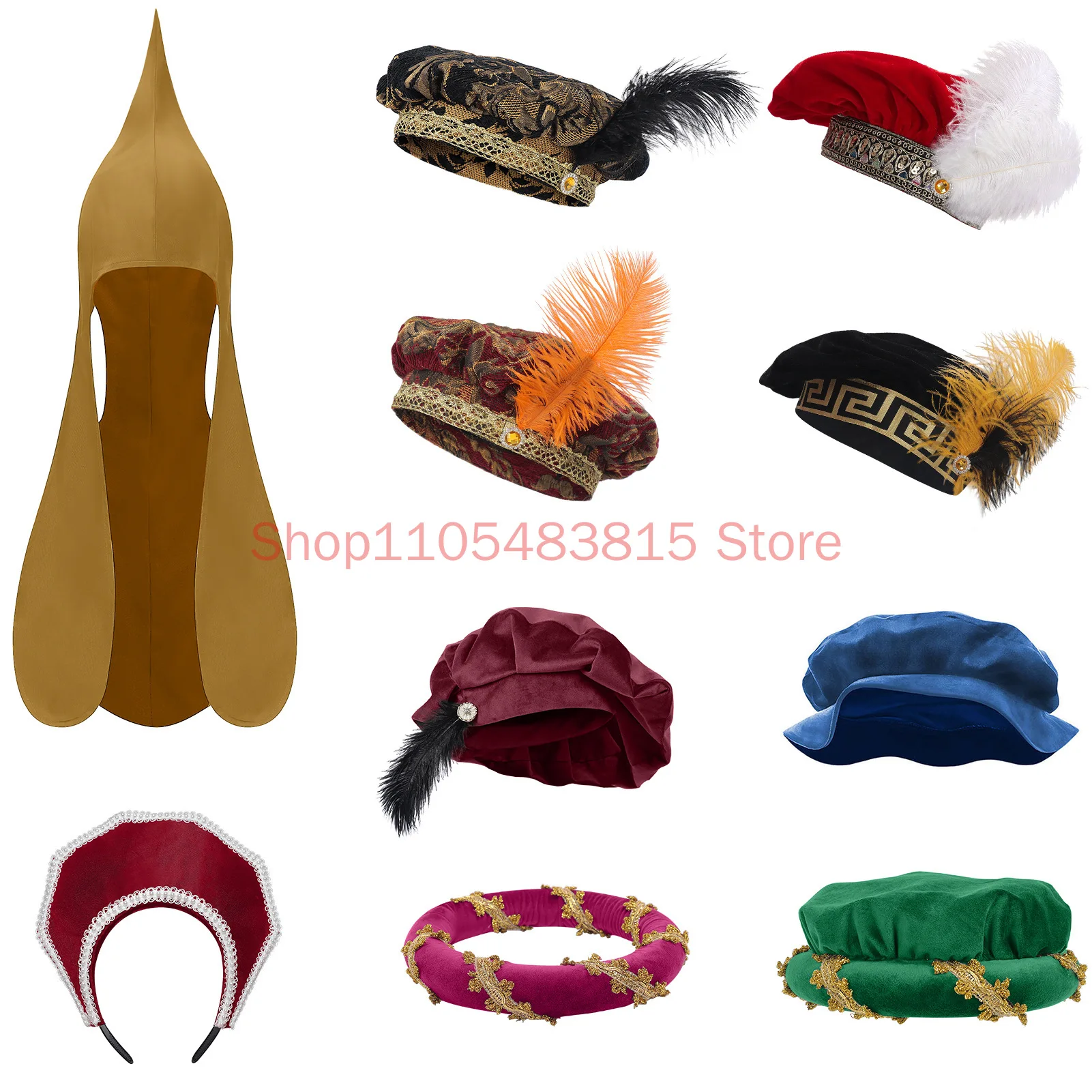 Chapéu Masculino Medieval com Penas, Chapéu de Copa Estilo Waffle, Boné Hennin, Chapéu Muffin, Chapéu Plano Renascentista Tudor, Adereço de Cabeça para Fantasia