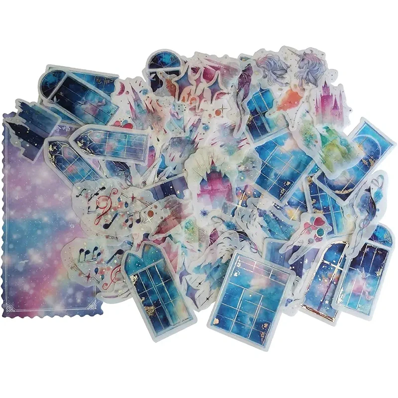 60Pcs Kawaii Silver Foil Sticker Starry Sky Through Window Dream Castle Star Light Musical Note Washi Stickers for Scrapbooking