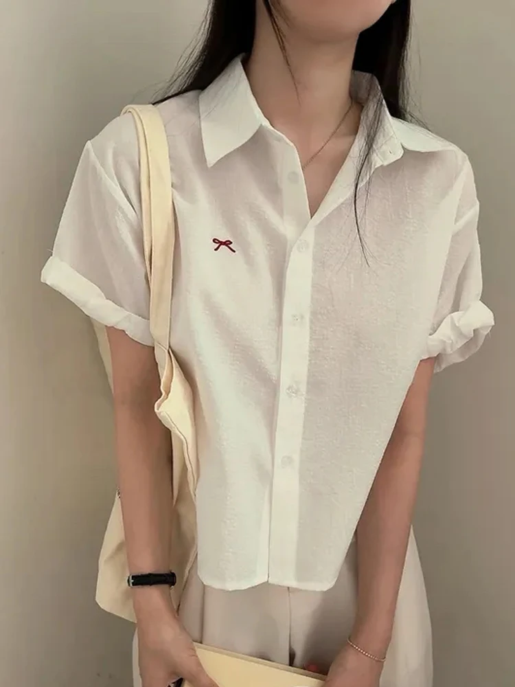 Women's Summer Stripe irt Embroidered  Knot ort Sve Single Button High-End Feel Top Quali Faionable