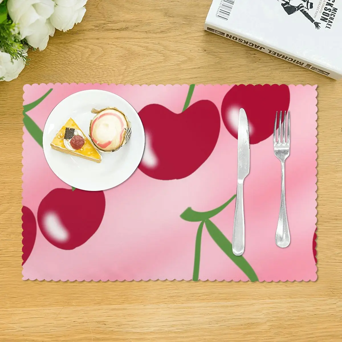 Red Cherry Green Stems Pink Placemat Heat Resistant Plate Mat for Dining Table Bowl Coaster Super Absorbent Mats