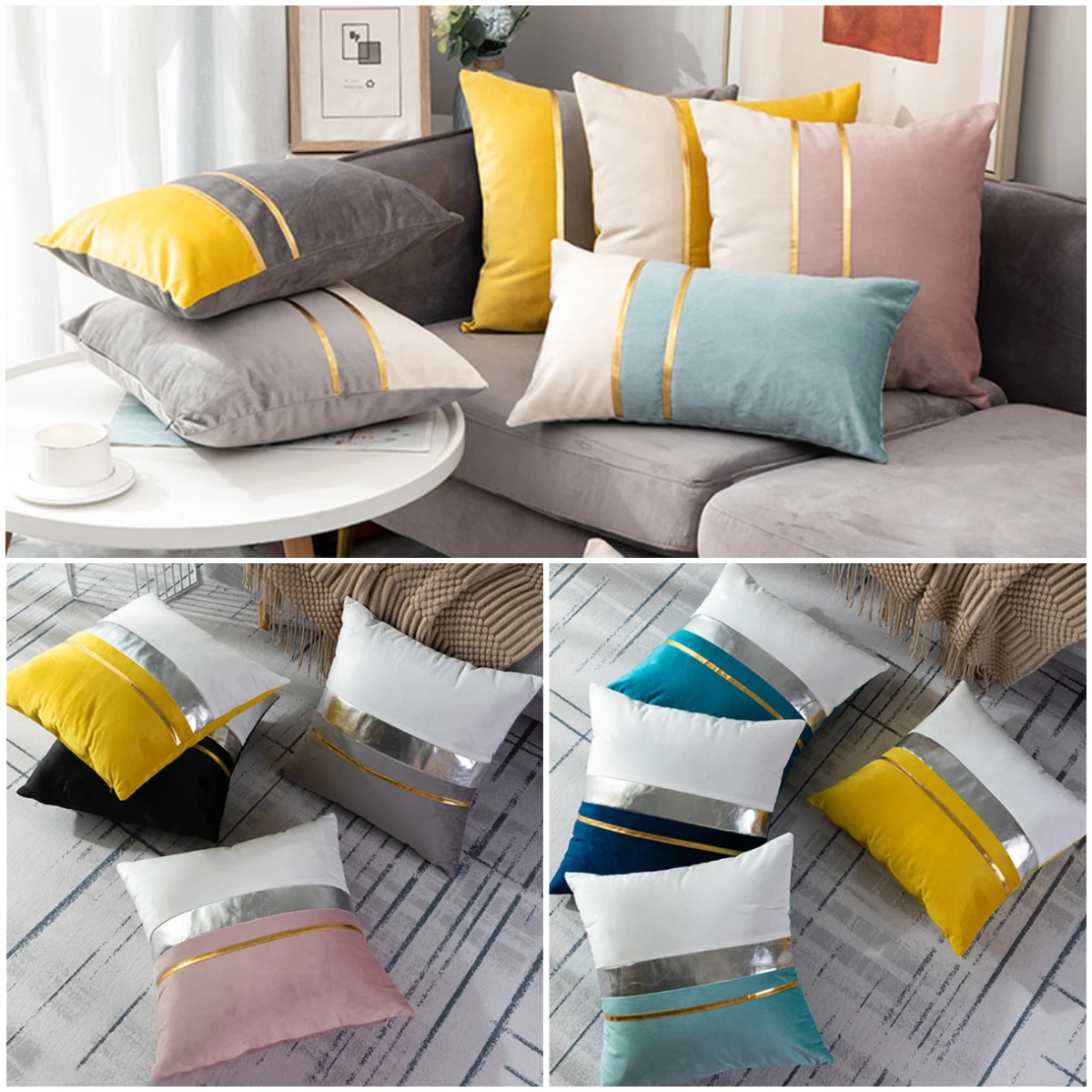 Luxury Sofa Velvet Patchwork Gold Thread Solid Cushions Case 30X50CM Lumbar Pillow 45X45CM Livingroom Bedroom Decorative Pillows