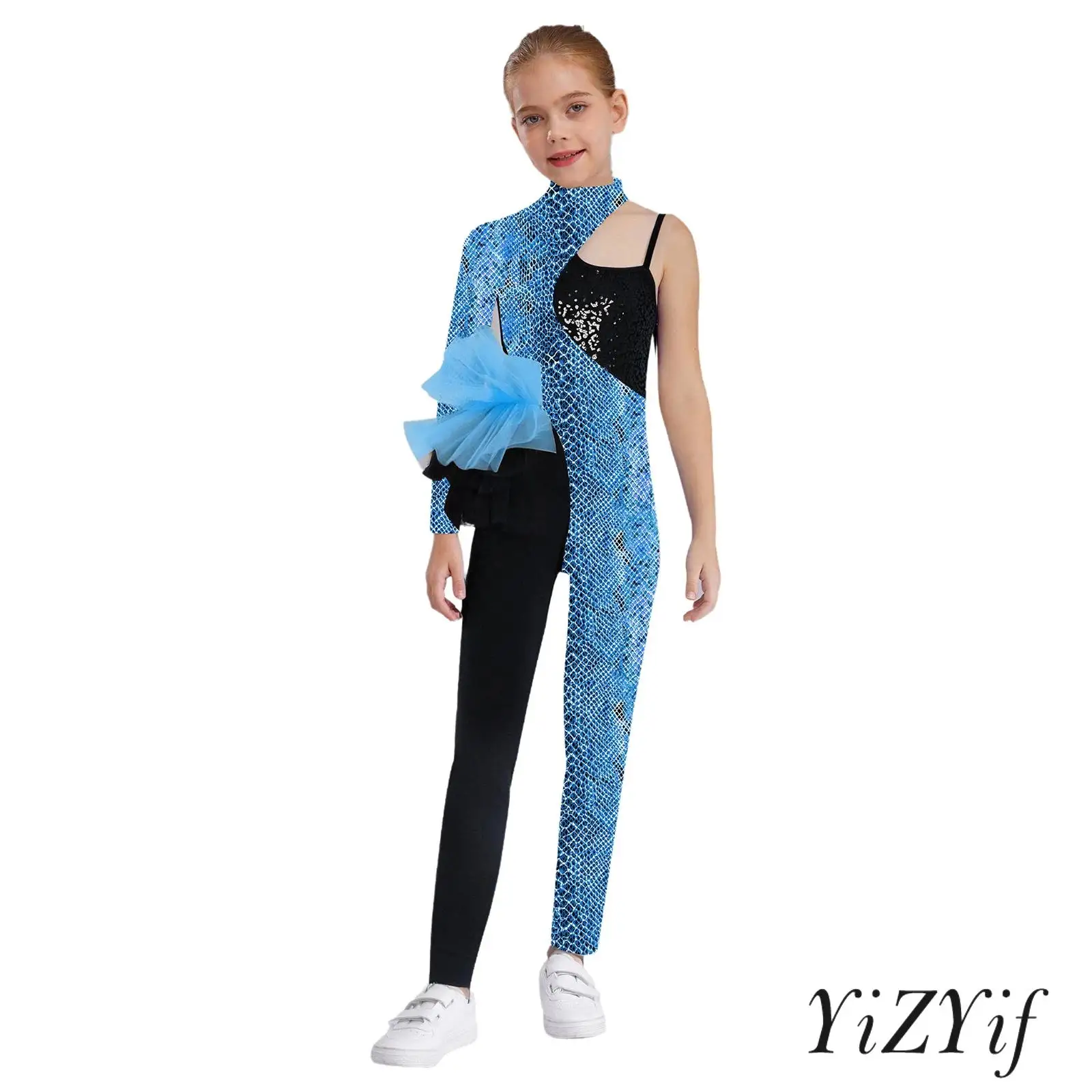 

Kids Girls Figure Skating Jumpsuit Printed Asymmetrical Long Sleeve Color Block Patchwork Sequin Dance Competition Costume