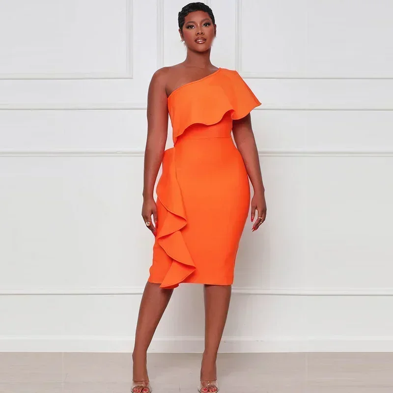 GUWU Ruches Splicing Een Schouder Skew Hals Bodycon Vrouwen Jurk Sexy Party Clubwear Bandage Midi Knielengte Jurken