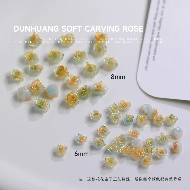 50pcs 3D Carving Flowers Nail Charms Mix 6/8mm Fine Sparkling Color Rose Nail Art Accessories Chinese Nails Decoration Supplies