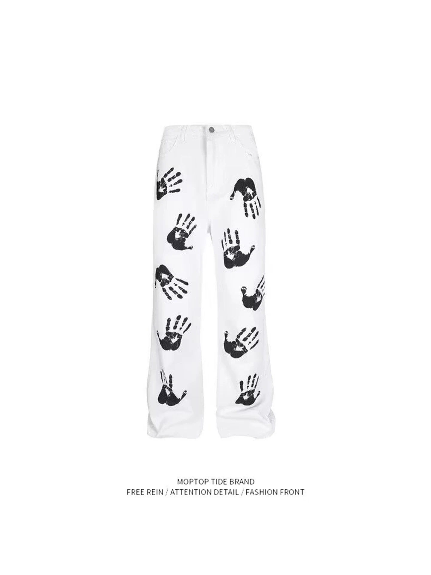 

American High Street Handprint White Flared Jeans Men Women Casual Hip Hop Trendy Brand Leisure Long Pants Polyester Fiber