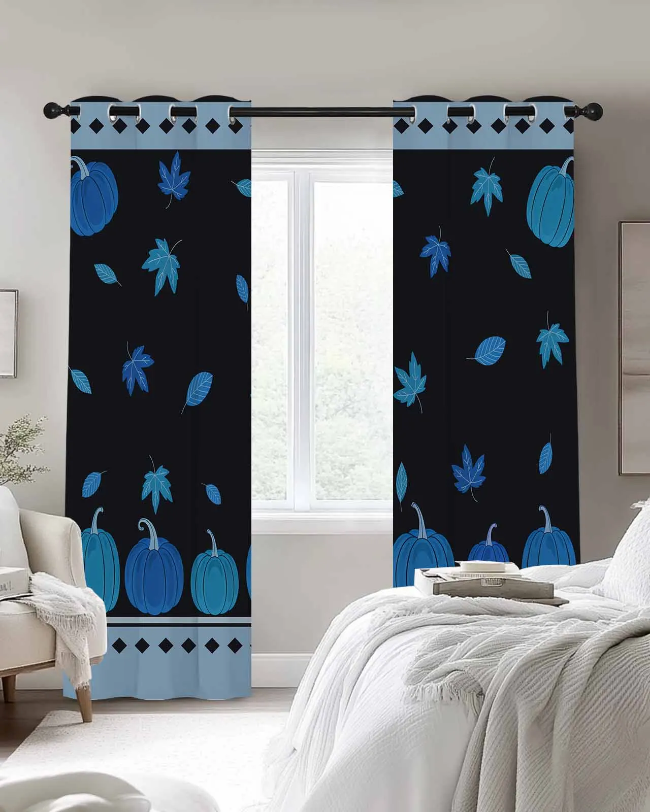

Autumn Cool Blue Pumpkin Polyester Window Curtains For Living Room Kitchen Bedroom Drapes