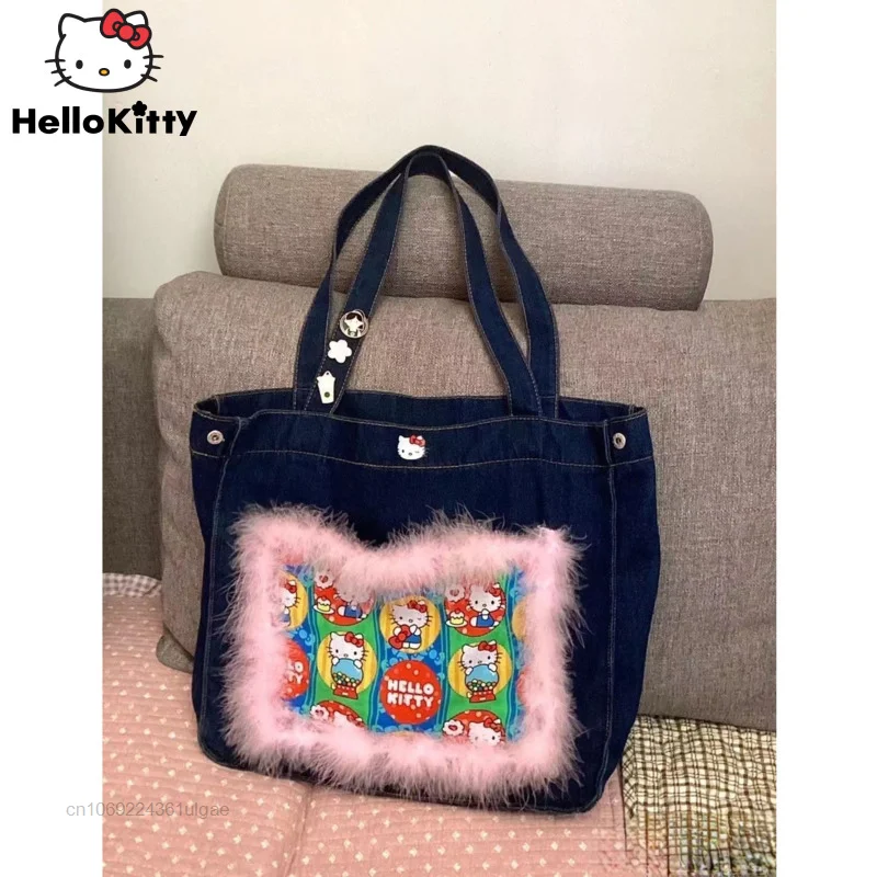 Sanrio Hello Kitty Denim Bags High Capacity Vintage Tote Women Luxury Handbag Y2k Street Fashion Shoulder Bag Aesthetic Handbags