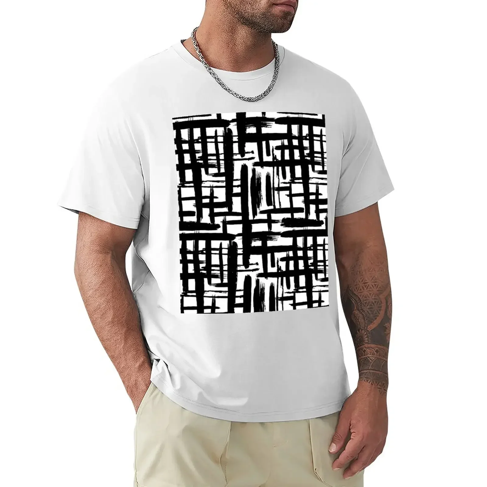 Scandinavian Abstract grunge pattern, paint strokes, grid, black on white background T-Shirt vintage t shirts outfits for men