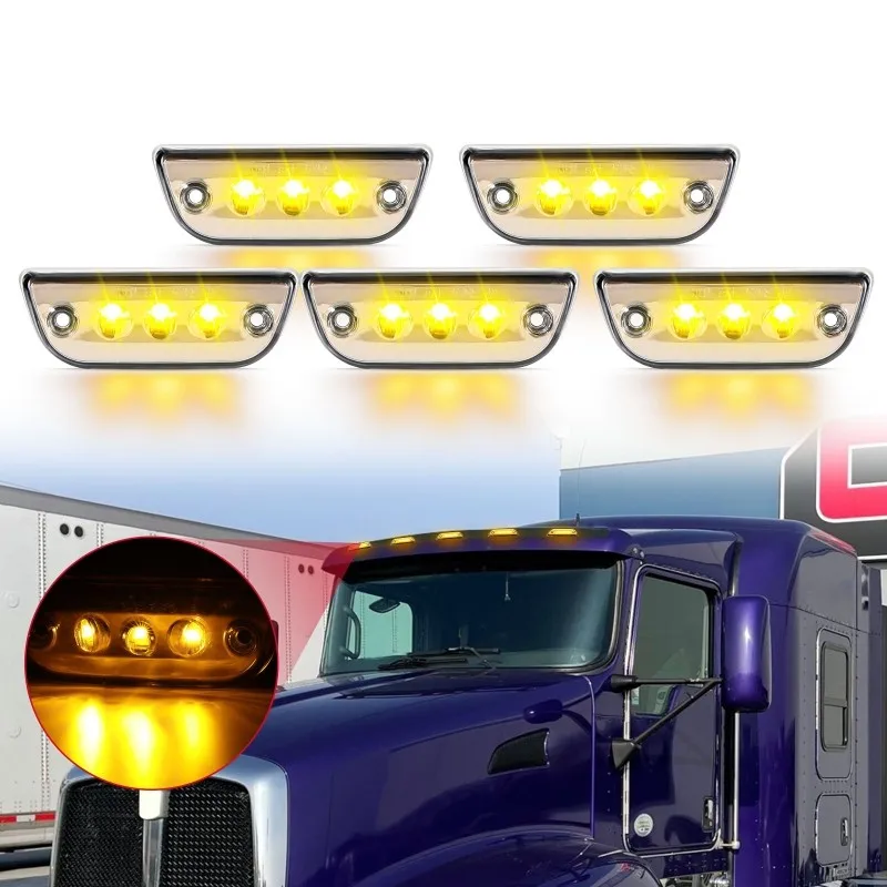 5Pcs/set 3LED  Clear Lens Chrome Amber LED Roof Signal Light Fit for Kenworth T680 T770 T880 2015-2020 Peterbilt 569 2015-2020