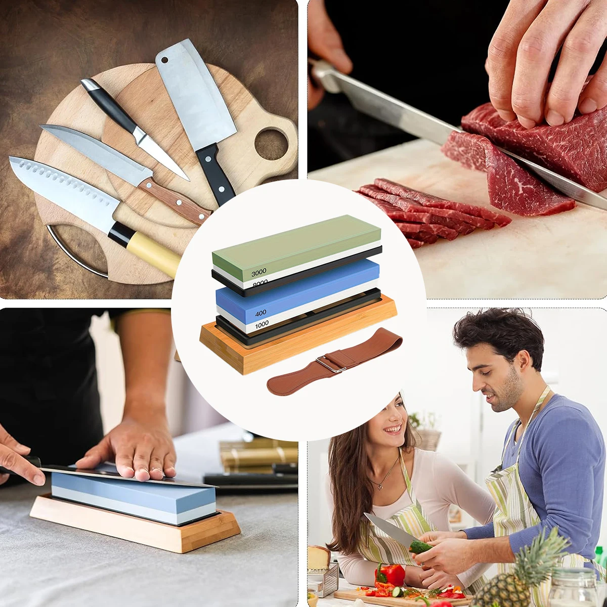 Sharpening Stone  Set 4 Side Grit 400/1000 3000/8000, Premium  Knife Sharpener, Knife Sharpening Stone Kit with Bamboo Base
