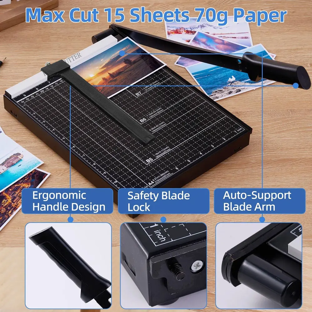 قطعة واحدة من قاطعة الورق الاحترافية مقاس A4 باللون الأسود مع قاعدة معدنية شديدة التحمل لقطع البطاقات والصور والحرف اليدوية.