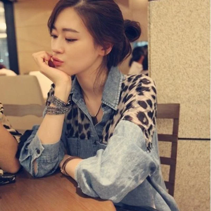 2024 Spring New Mid-length Loose Long-sleeved Shirts Leopard Print Chiffon Stitching Large Size Denim Shirt Women's Top 4XL E424