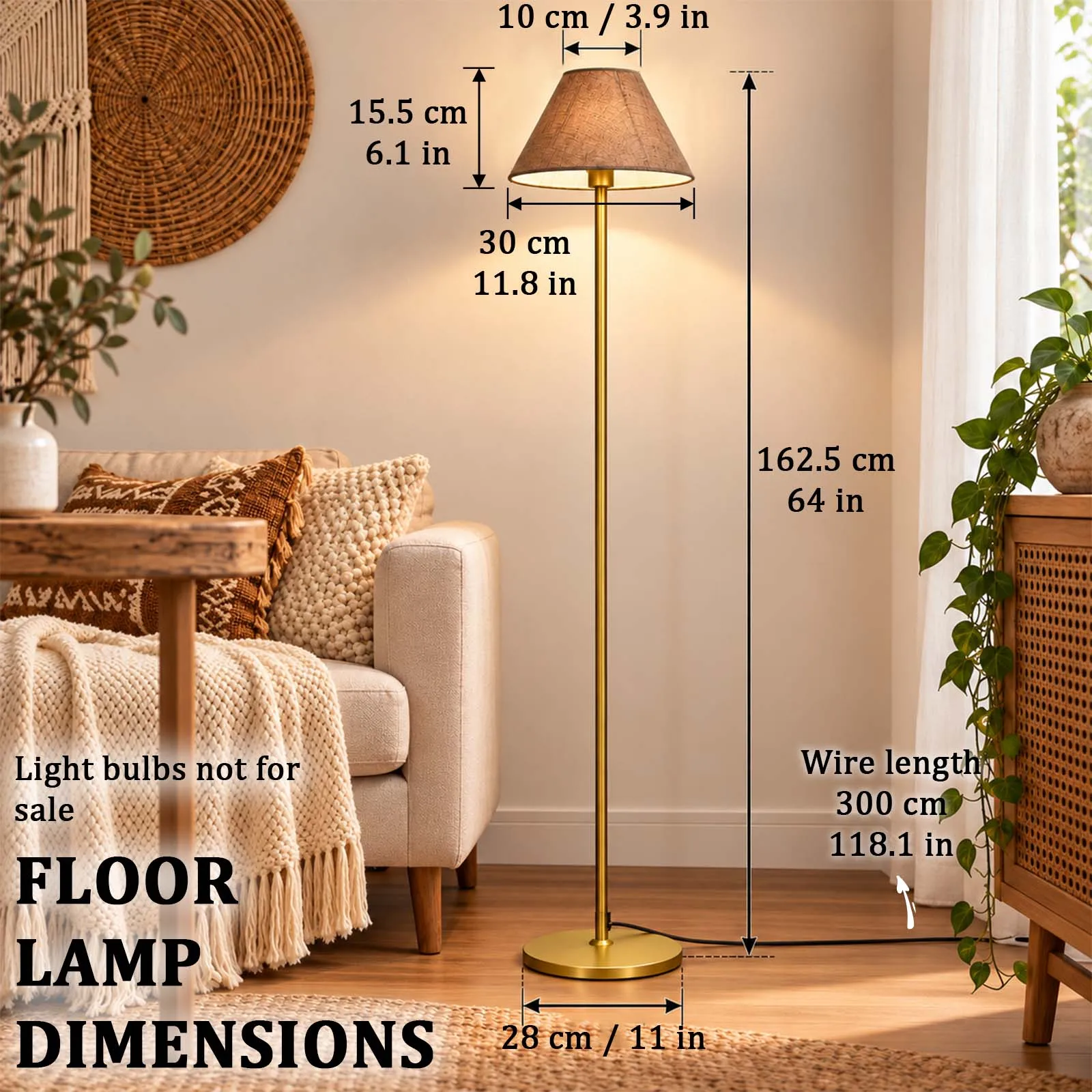 Gold Floor Lamp, Brown Woven Shade, Foot Switch, Straight Plug, Stable Round Base, Boho, Warm, Cozy, Living Room