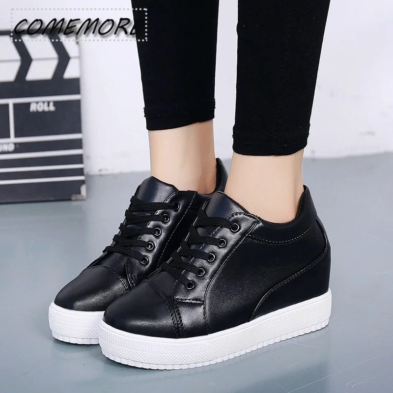 Black White Hidden Wedge Heel Casual Shoes Platform Summer Autumn Women\'s New High Heel Shoes Sneakers Female Tennis Lace-up PU