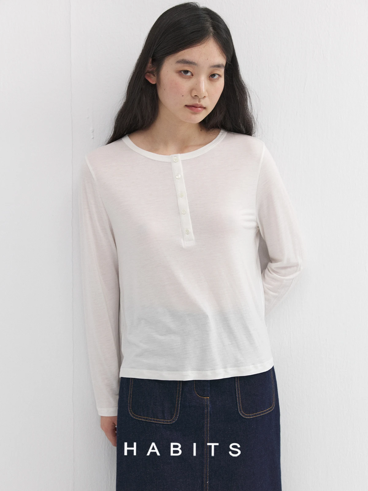 

Habits Studio HS Women's Long Sve T-irt Lyrca Rayon Viscose Silk Mixed Fabric Henry Collar Base irt Loose Fit Autumn Wear