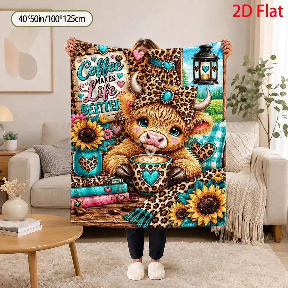 2D Flat Design, 280G/Square Meter, Cute Highland Cow and Leopard Print Pattern, Flannel Blanket, Whimsical Watercolor Cow Illustration, Throw Blanket, Christmas Gift, Birthday Gift
