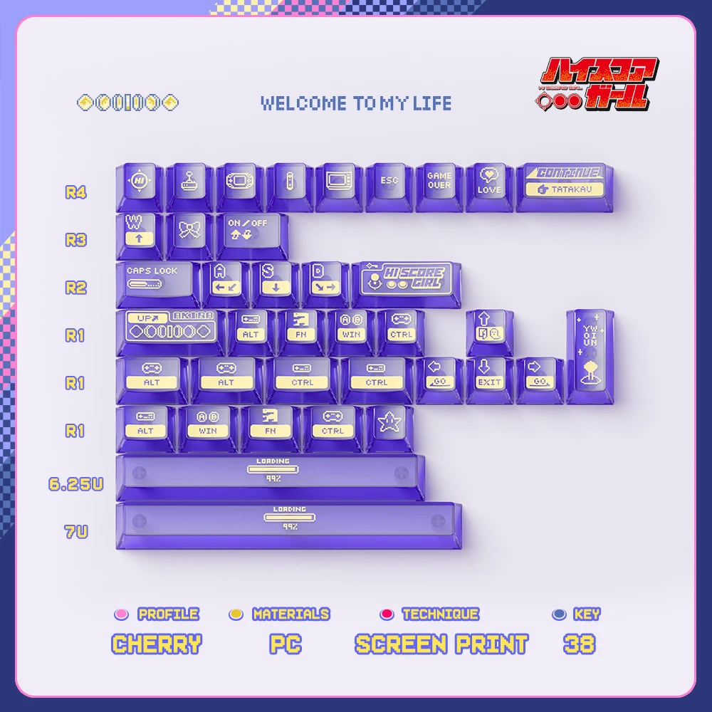 Anime High Score Girl Theme Keycaps Cute Cartoon Cherry Profile Pbt+Pc Transparent Mechanical Keyboard Key Caps Gamer Girl Gifts