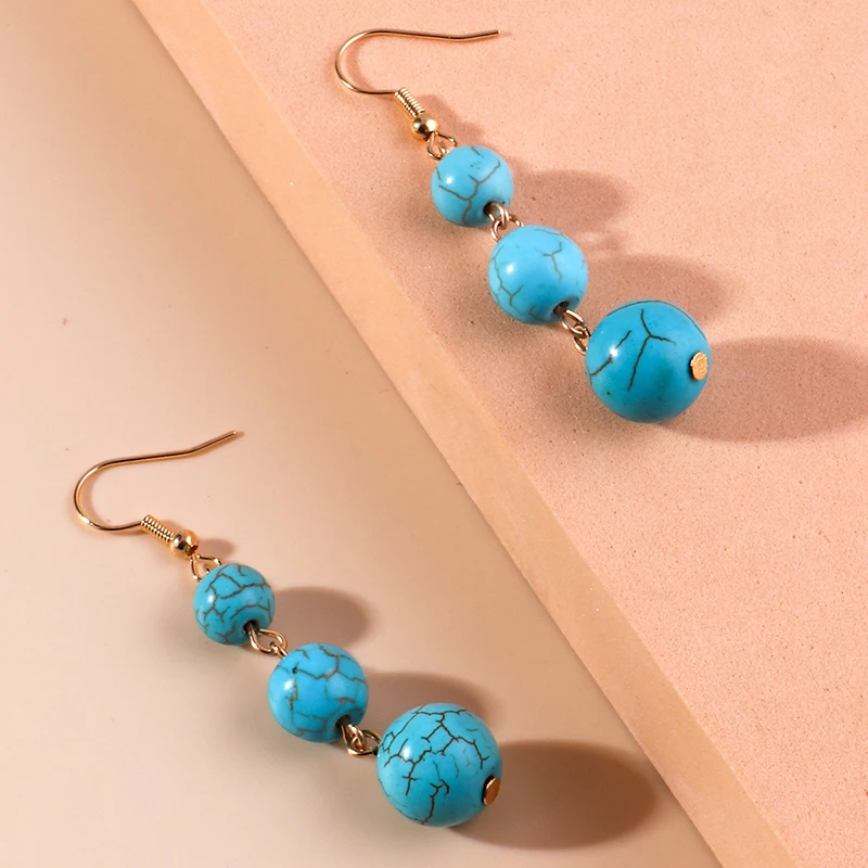 Aihua Böhmen Natürliche Türkis Stein Ohrringe für Frauen Dame Vintage Gold Farbe Stein Perlen Ohrringe Baumeln Schmuck Zubehör – Detail 5