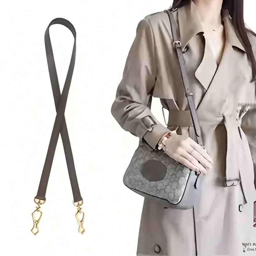 Adjustable Dark Grey Leather Replacement Crossbody Bag Strap Special Shaped Gold Metal Buckle Handbag Purse DIY Modification Accessories, Bag Not Included