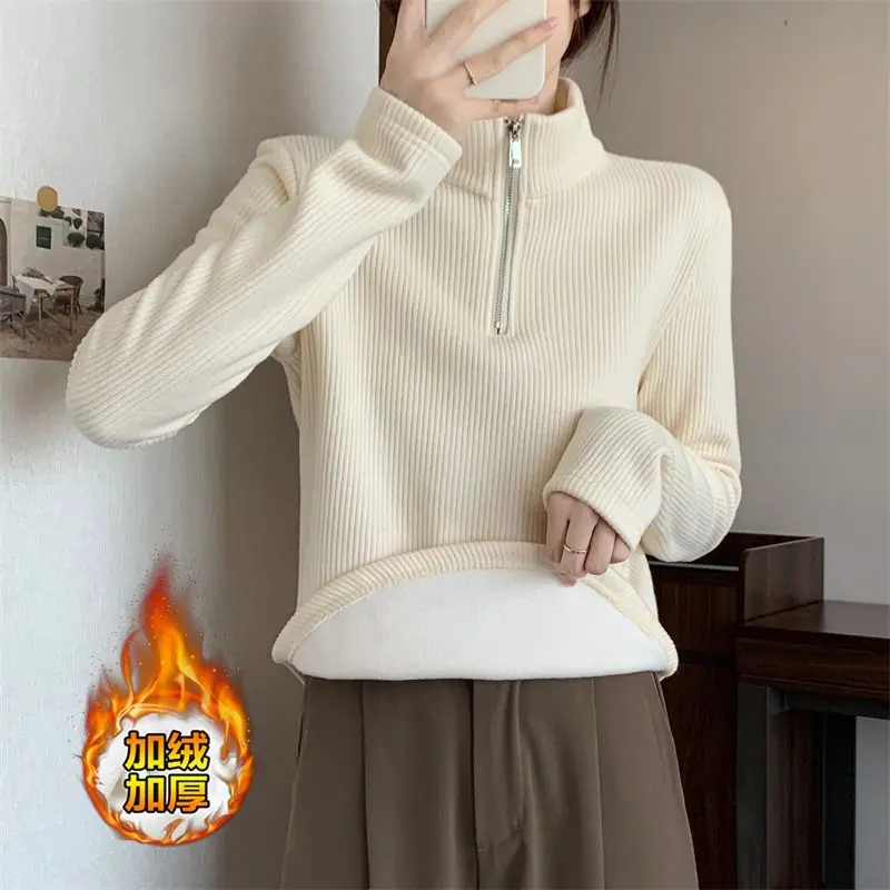 Women Stand Neck Fleece Sweatshirts Half Zip Thicken Irregular Threads Pullover Casual Plush Solid Loose Warm Sweatshirts 5XL