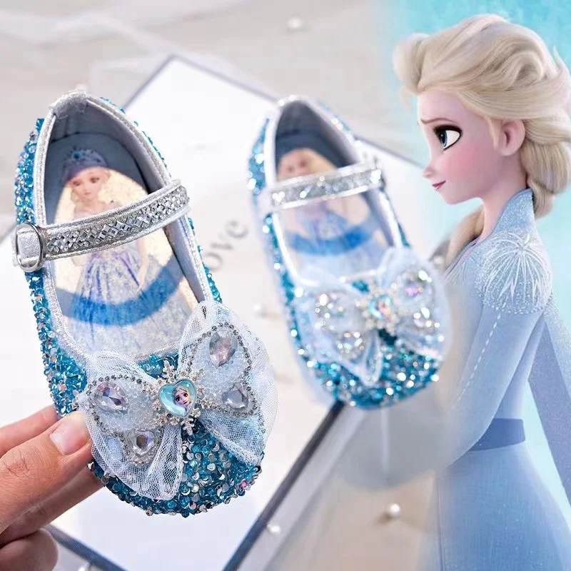 

Spring Baby Girls Sandals Cartoon Frozen Elsa Children Crystal Princess Shoes Kids Bowknot Party Beach Soft Flat Glass Slippers