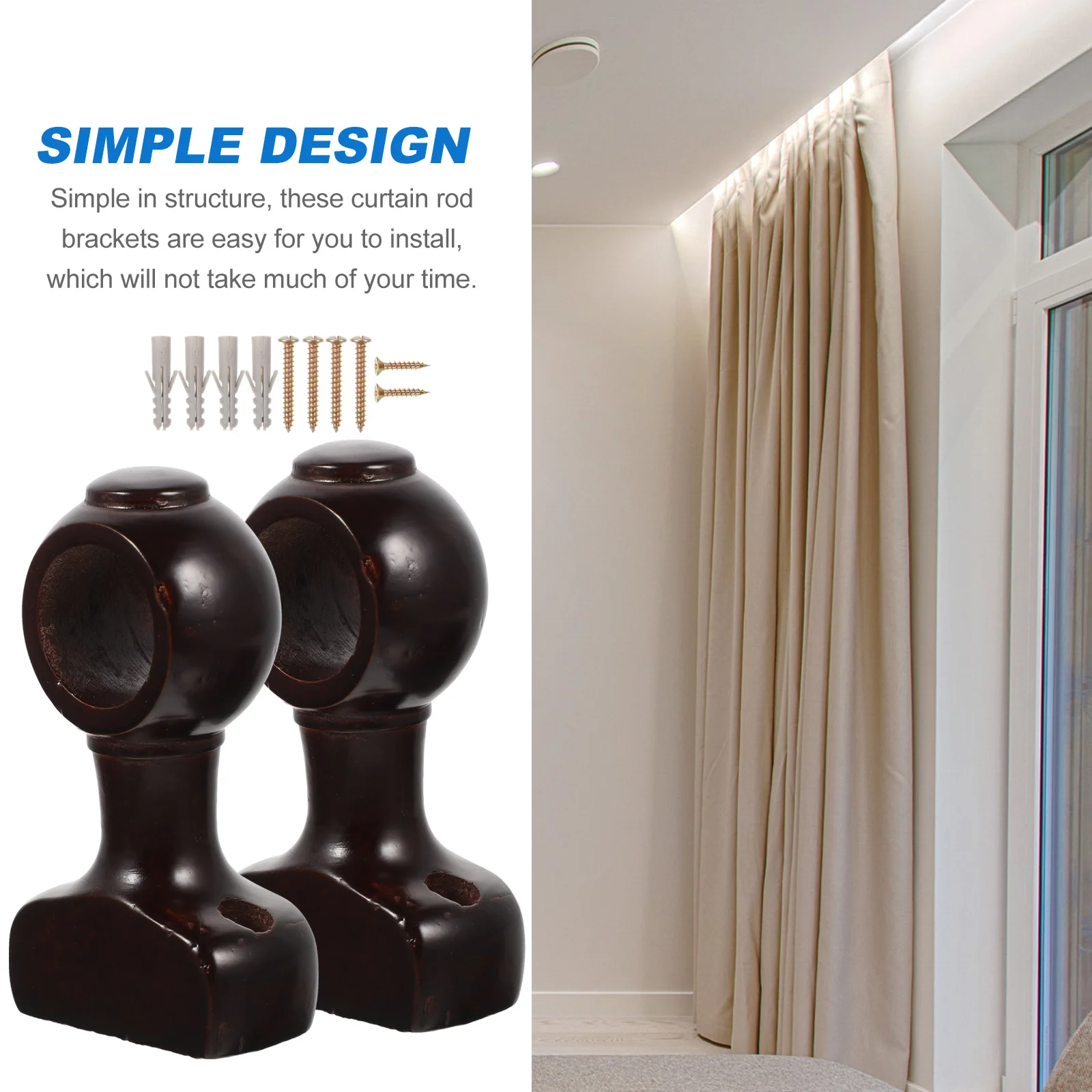 2 Pcs Support Curtain Rod Bracket Wooden Holders Brackets Decorative Head Rods for Windows