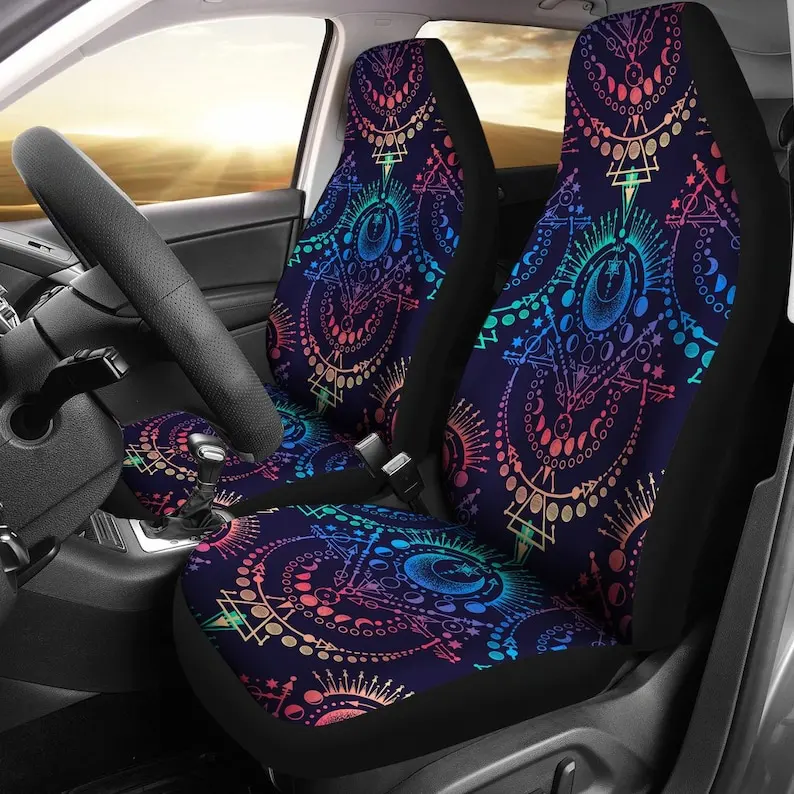 Colorful Navy Spiritual Moon Symbols Car Seat Covers Pair, 2 Front Seat Covers, Car Seat Protector, Car Accessories