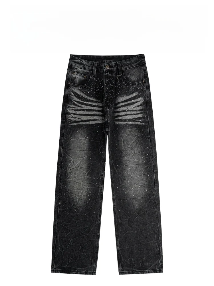 

BAIRBAOLIY Men's Faionable Cra Worn-look Loose Straight-leg Jeans Hip-hop Street Sle Denim Pants with Rhinestones