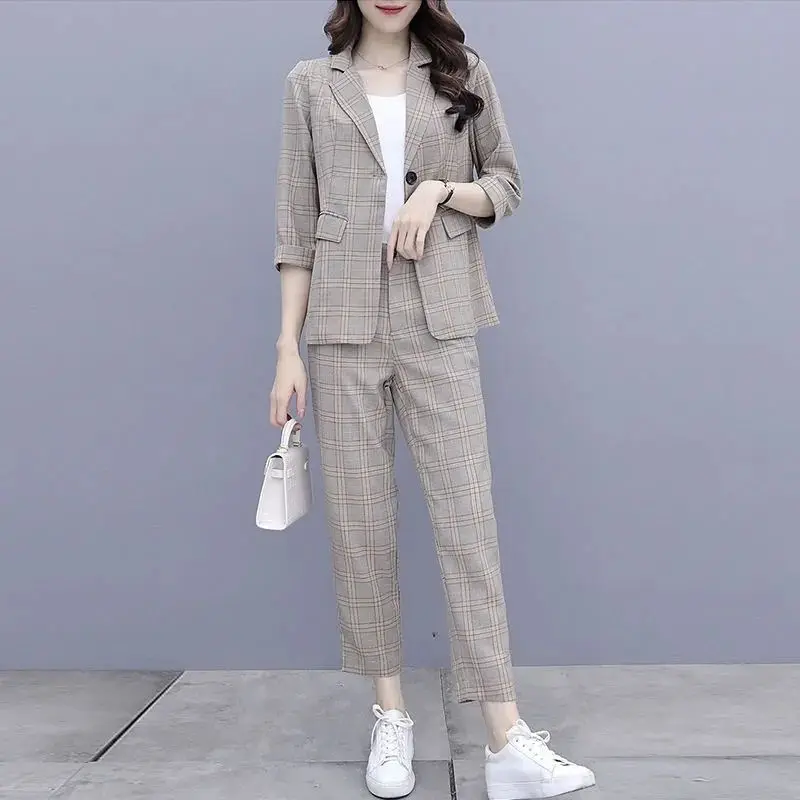 

Women Spring Autumn Plaid Fashion Small Suit Set Elegant Korean Style Youthful Professional Two Piece Outfit New Arrival