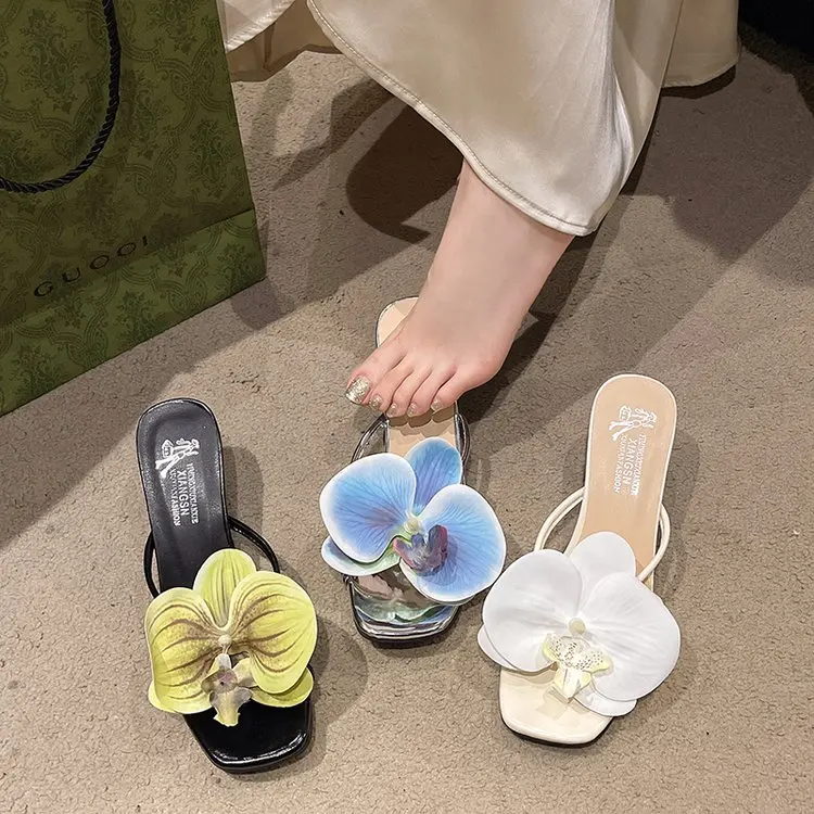 Shoes Woman\'s Slippers Heeled Mules Luxury Slides Flower Rubber Flip Flops Low 2024 High Designer Hawaiian Thin Floral PU Rome S