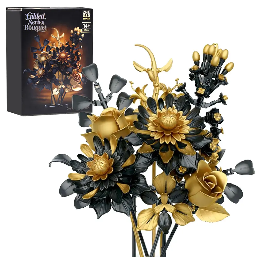 

500PCS Black Gold Metallic Flower Bouquet Building Blocks Luxury Gothic Artificial Flowers Elegant Home Decor Toy Gift for Adult
