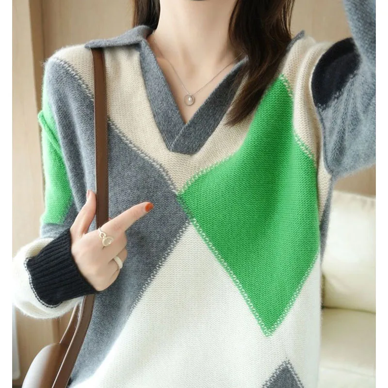 New Autumn/Winter Fashion Korean Edition Colorblock Polo Loose Large Size Versatile Western Casual Women\'s Long Sleeve Sweater