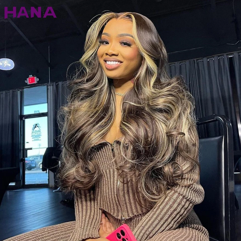 

Brown With Blonde Colored 5x7 Lace Closure Wig Body Wave Hairstyle Pre-Plucked Bleached Knots 13x6 Lace Frontal Human Hair Wig