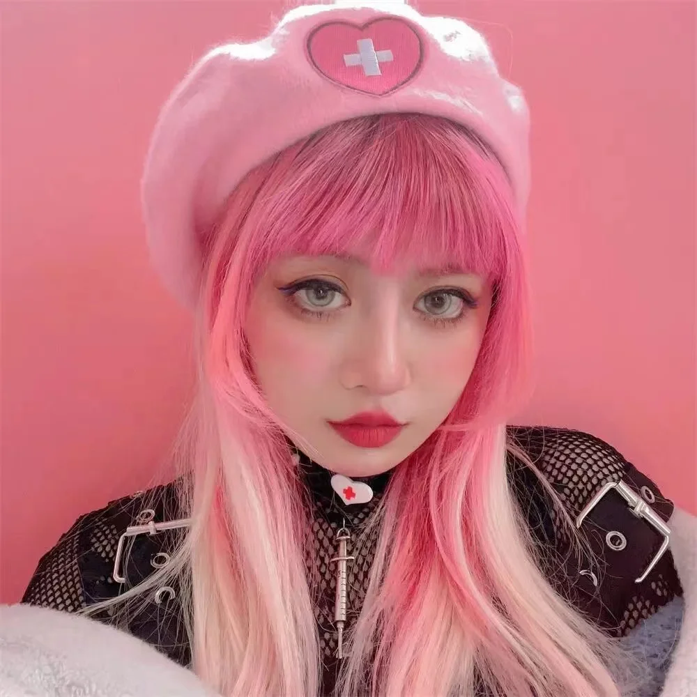 Pink Girl Beret Japanese Cute Harajuku Y2K Hot Girl Sweet Heart Love Cross Wool Embroidery Kawaii Women Hat Lolita Accessories