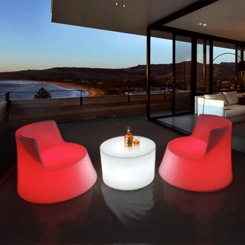 LED Light Bar Table and Chairs Outdoor Waterproof Combination Furniture Round Coffee Table Sofa Stool