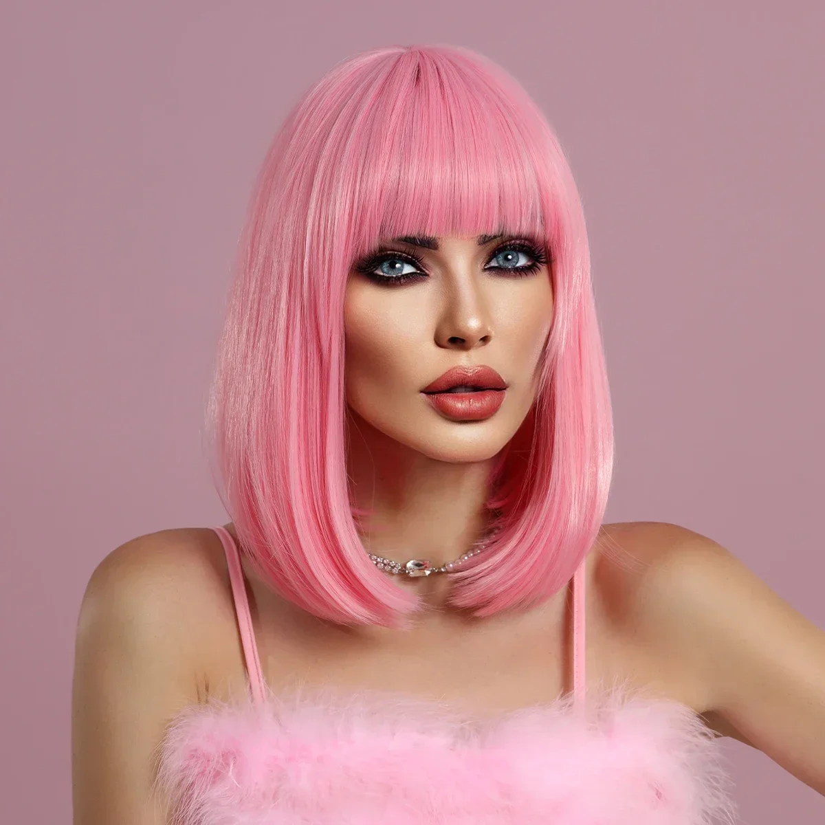 Pink Wig Natural Synthetic Bob Heat Resistant Fiber Short Straight Wigs with Bangs for Woman Daily Party Cosplay Lolita Wigs