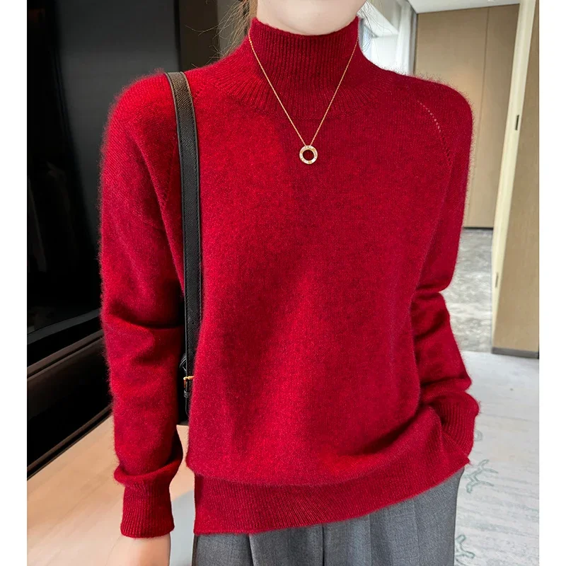 

Women's sweater autumn/winter new 100% pure wool pullover casual solid color knitted Tops Korean loose high collar Blouse thick