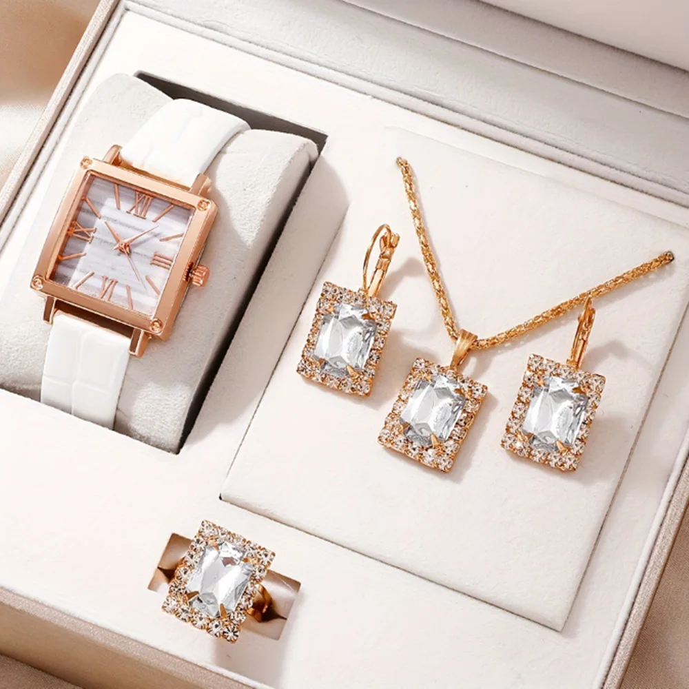 

**5PCS/Set Luxury Rectangular Quartz Watch Women Ring Necklace Earring Rhinestone Wristwatch Elegant Ladies Bracelet Watches