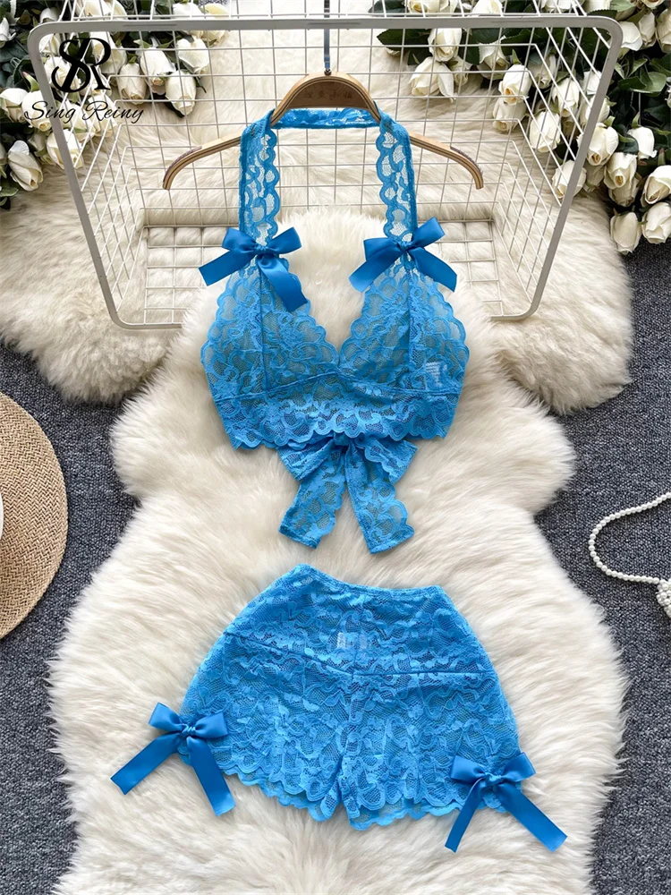 

SINGREINY Fashion Bow Lace Sexy Bikini Suits 2024 Mini Camis+Short Pants Set Women Solid Transparent Backless Halter Sexy Sets